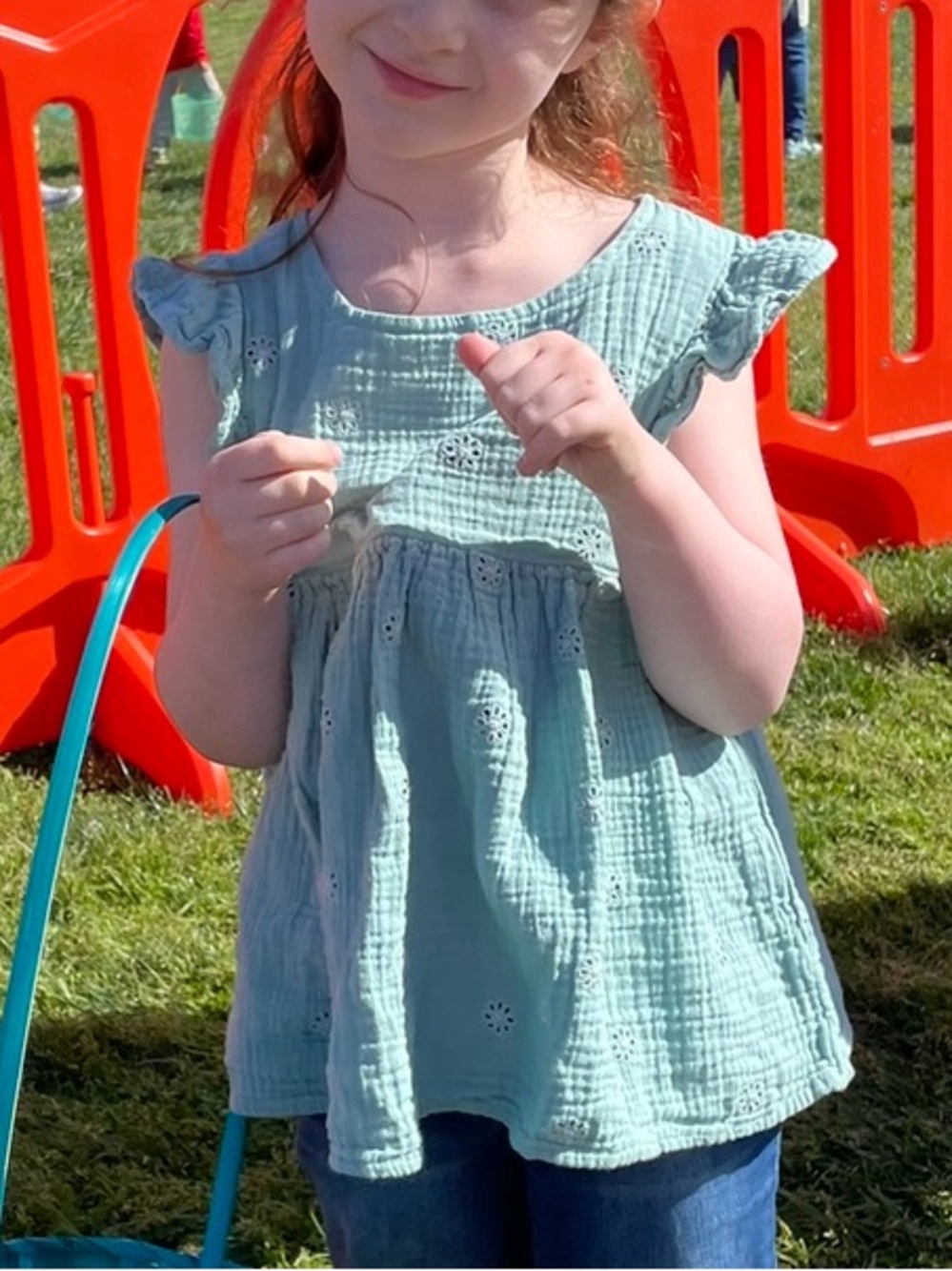 Girls' Cotton Top - Short Sleeve Tunic Eyelet Sage Green 7/8